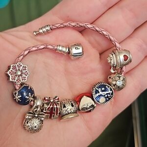 Pink Braided Genuine Pink Pandora Charm Bracelet with Silver and Blue Charms